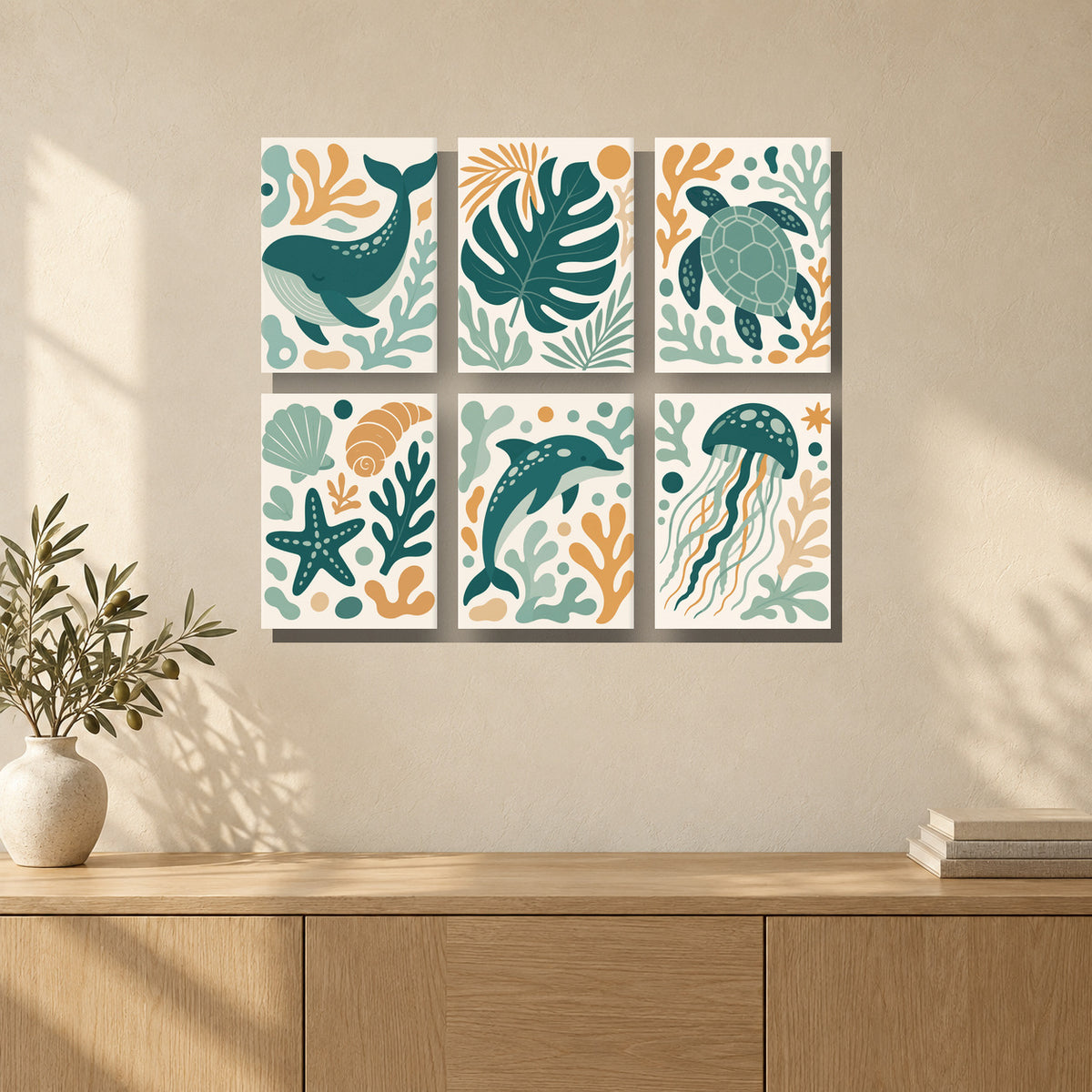 Coffret de 6 peintures par numéro Océan Turquoise, mini-toiles présentées au mur, Maison Artsen