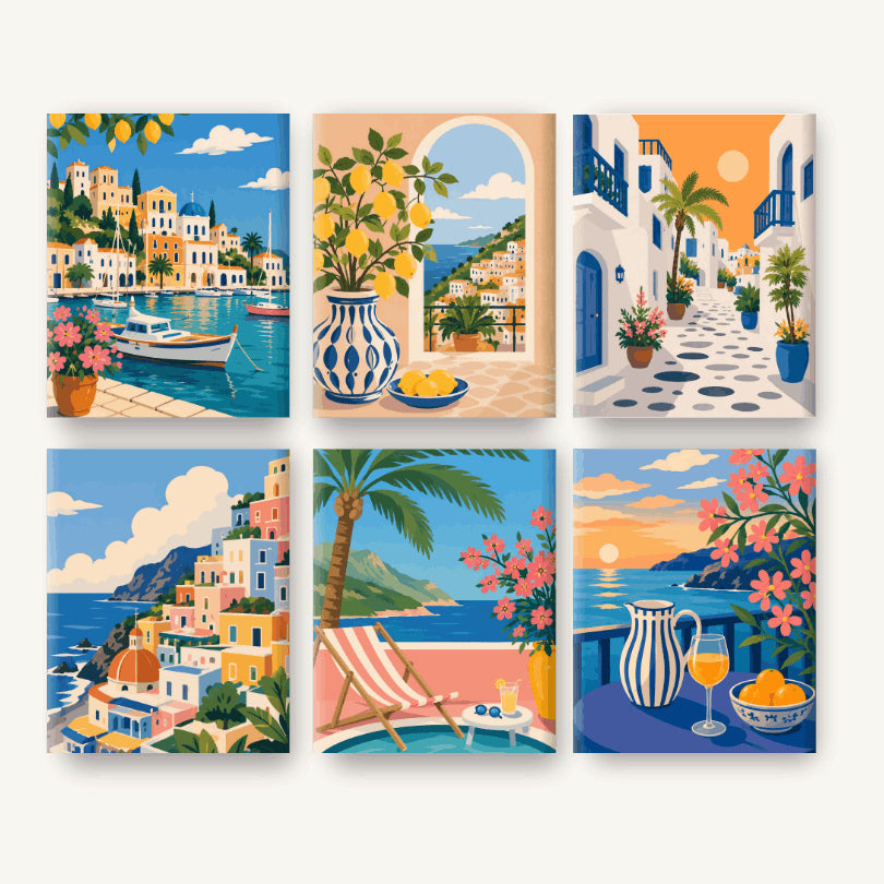 Coffret de 6 peintures par numéro Rêve Méditerranéen, les mini-toiles à plat, Maison Artsen