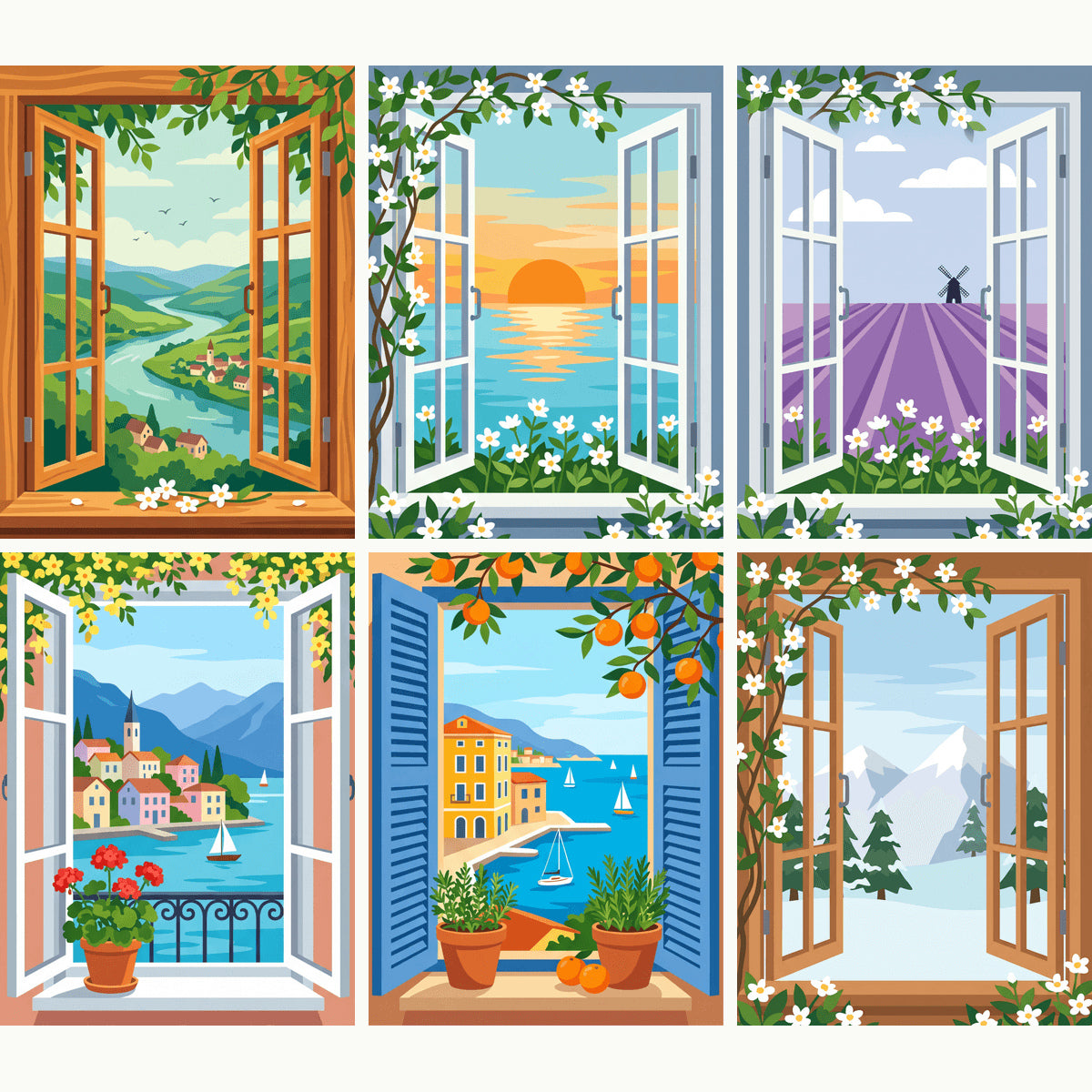 Coffret de 6 peintures par numéro Fenêtres sur le Monde, les mini-toiles à plat, Maison Artsen