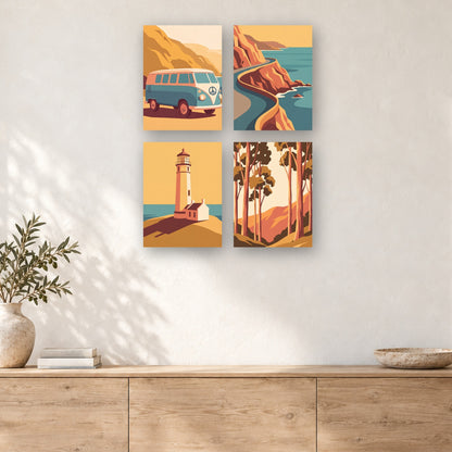 Coffret de 4 peintures par numéro Virée sur la Côte Pacifique, mini-toiles présentées au mur, Maison Artsen