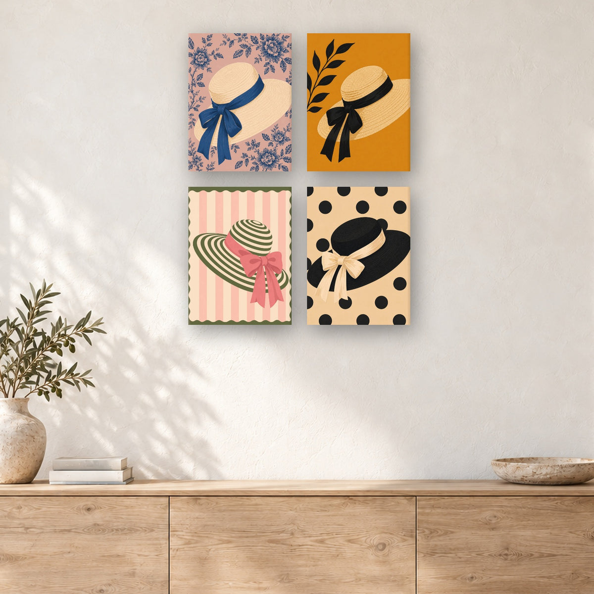 Coffret de 4 peintures par numéro Capelines et Rubans, mini-toiles présentées au mur, Maison Artsen