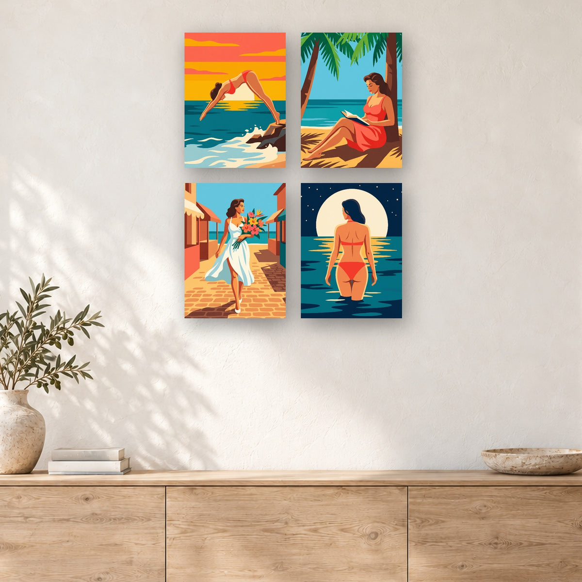 Coffret de 4 peintures par numéro Été Rétro sur la Riviera, mini-toiles présentées au mur, Maison Artsen