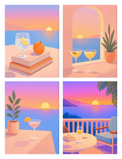 Coffret de 4 peintures par numéro Apéritif au Coucher du Soleil, les mini-toiles à plat, Maison Artsen