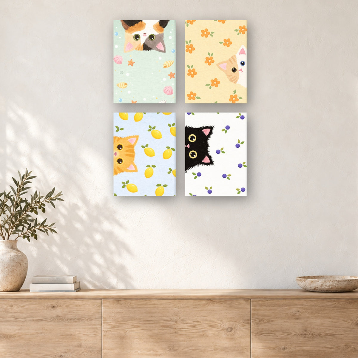 Coffret de 4 peintures par numéro Chatons Curieux, mini-toiles présentées au mur, Maison Artsen