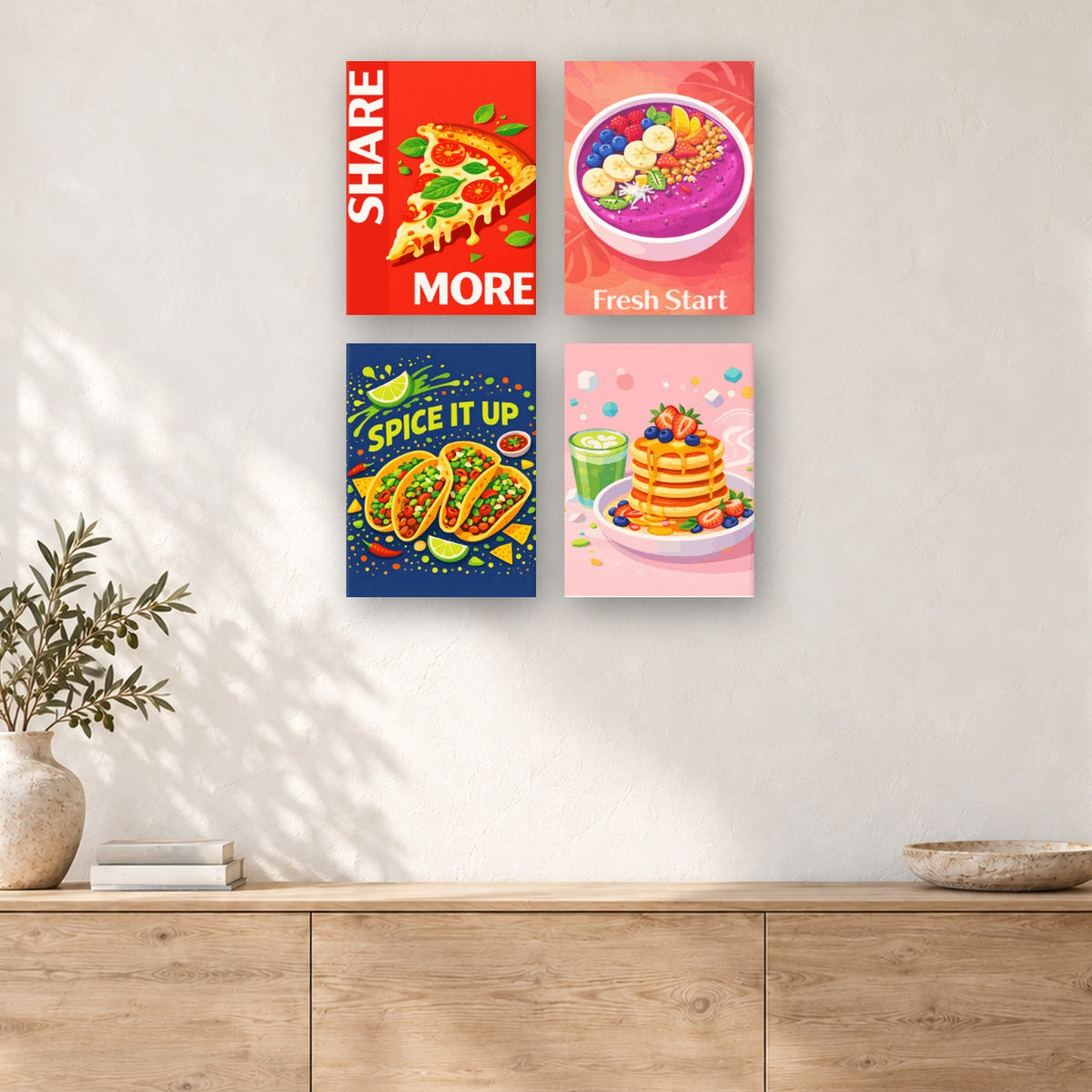 Coffret de 4 peintures par numéro Pizza, Tacos et Pancakes, mini-toiles présentées au mur, Maison Artsen