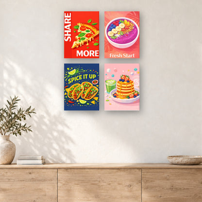 Coffret de 4 peintures par numéro Pizza, Tacos et Pancakes, mini-toiles présentées au mur, Maison Artsen