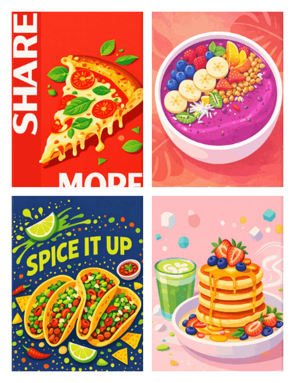 Coffret de 4 peintures par numéro Pizza, Tacos et Pancakes, les mini-toiles à plat, Maison Artsen