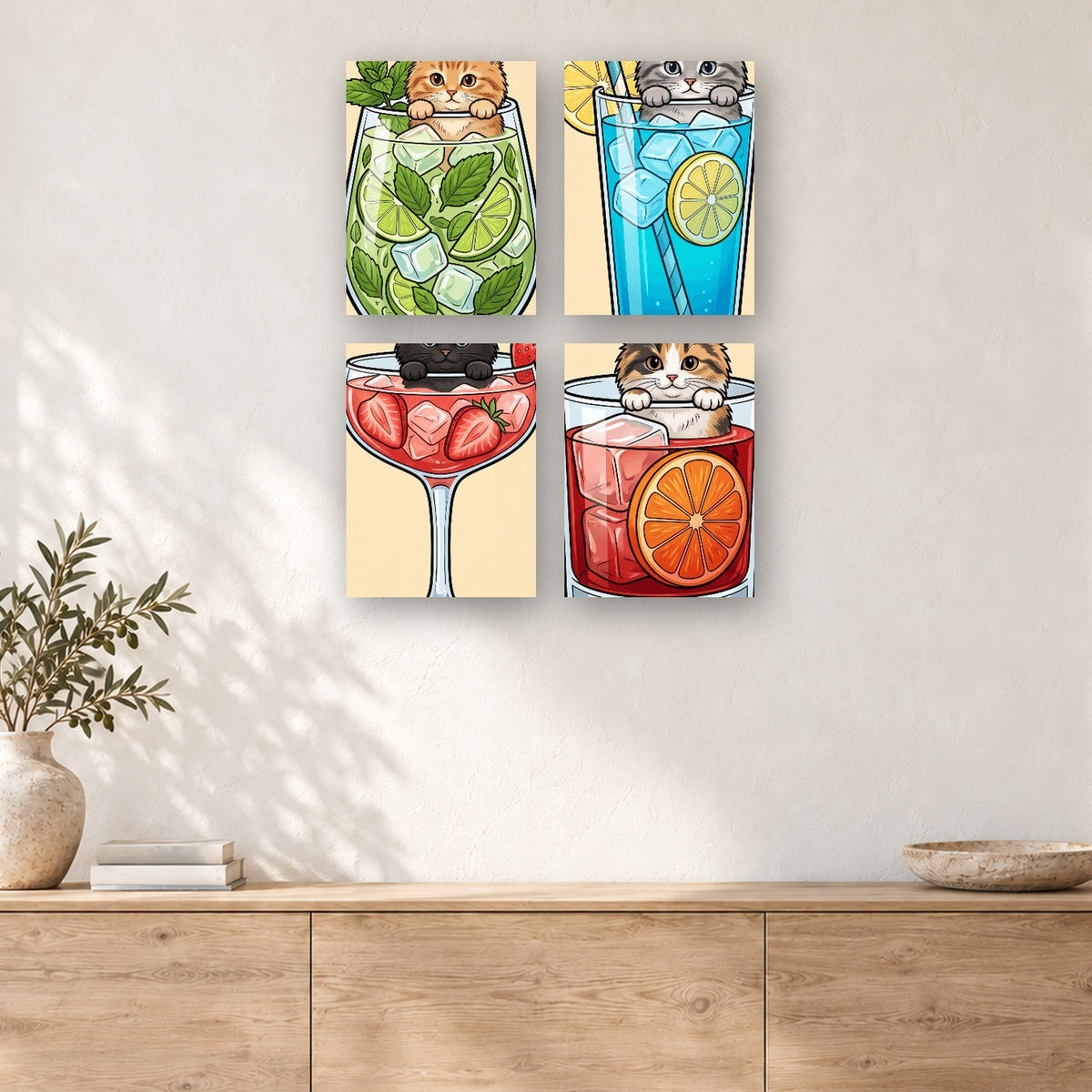 Coffret de 4 peintures par numéro Chatons dans les Cocktails, mini-toiles présentées au mur, Maison Artsen