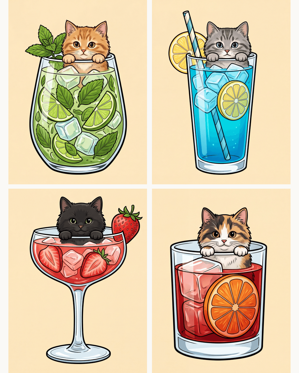 Coffret de 4 peintures par numéro Chatons dans les Cocktails, les mini-toiles à plat, Maison Artsen