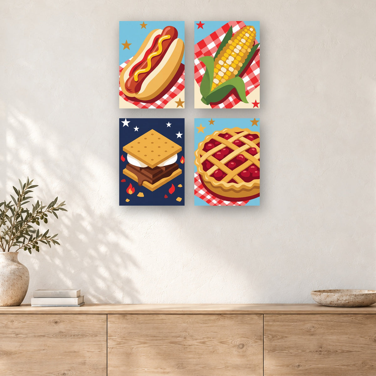 Coffret de 4 peintures par numéro Barbecue à l'Américaine, mini-toiles présentées au mur, Maison Artsen