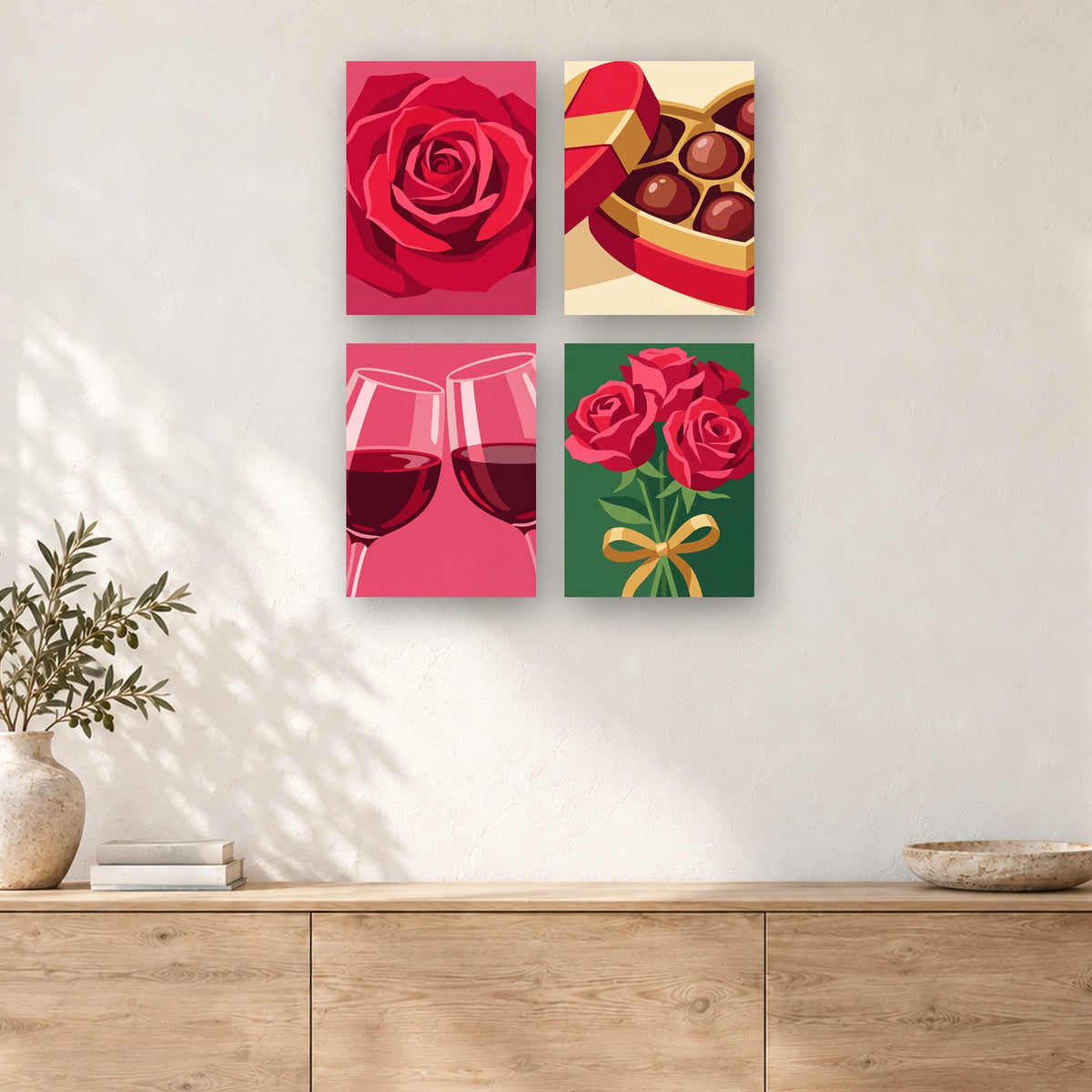 Coffret de 4 peintures par numéro Soirée aux Chandelles, mini-toiles présentées au mur, Maison Artsen