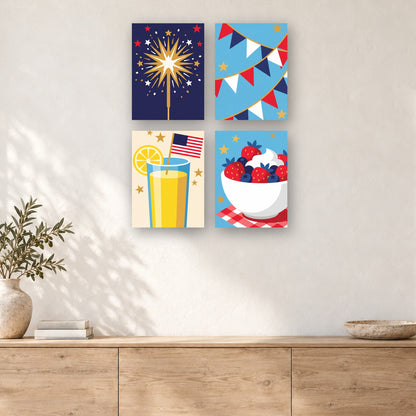 Coffret de 4 peintures par numéro Feu d'Artifice et Limonade, mini-toiles présentées au mur, Maison Artsen