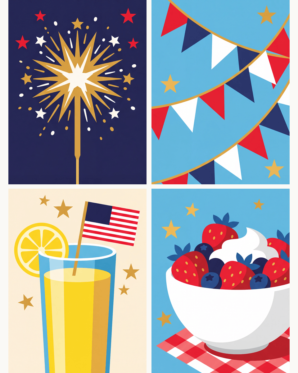 Coffret de 4 peintures par numéro Feu d'Artifice et Limonade, les mini-toiles à plat, Maison Artsen