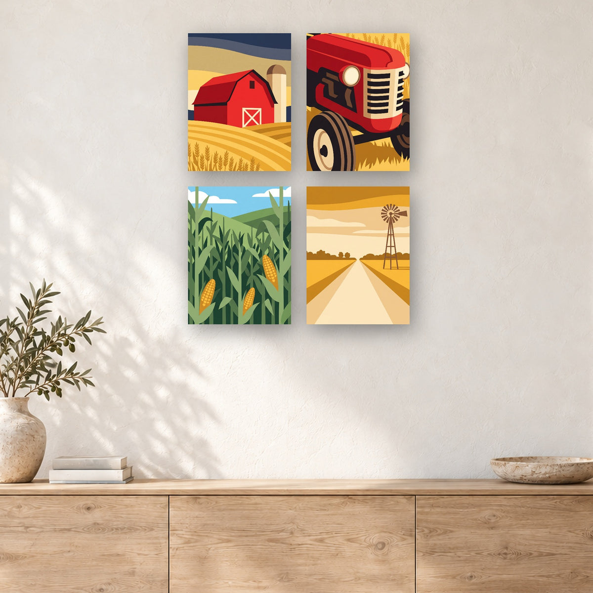 Coffret de 4 peintures par numéro Grange Rouge et Tracteur, mini-toiles présentées au mur, Maison Artsen