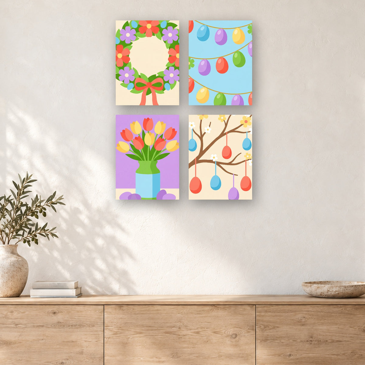 Coffret de 4 peintures par numéro Pâques en Pastel, mini-toiles présentées au mur, Maison Artsen