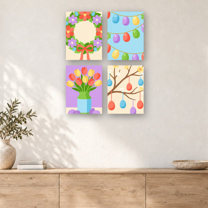 Coffret de 4 peintures par numéro Pâques en Pastel, mini-toiles présentées au mur, Maison Artsen