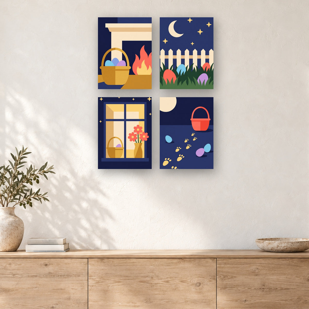 Coffret de 4 peintures par numéro Nuit de Pâques, mini-toiles présentées au mur, Maison Artsen