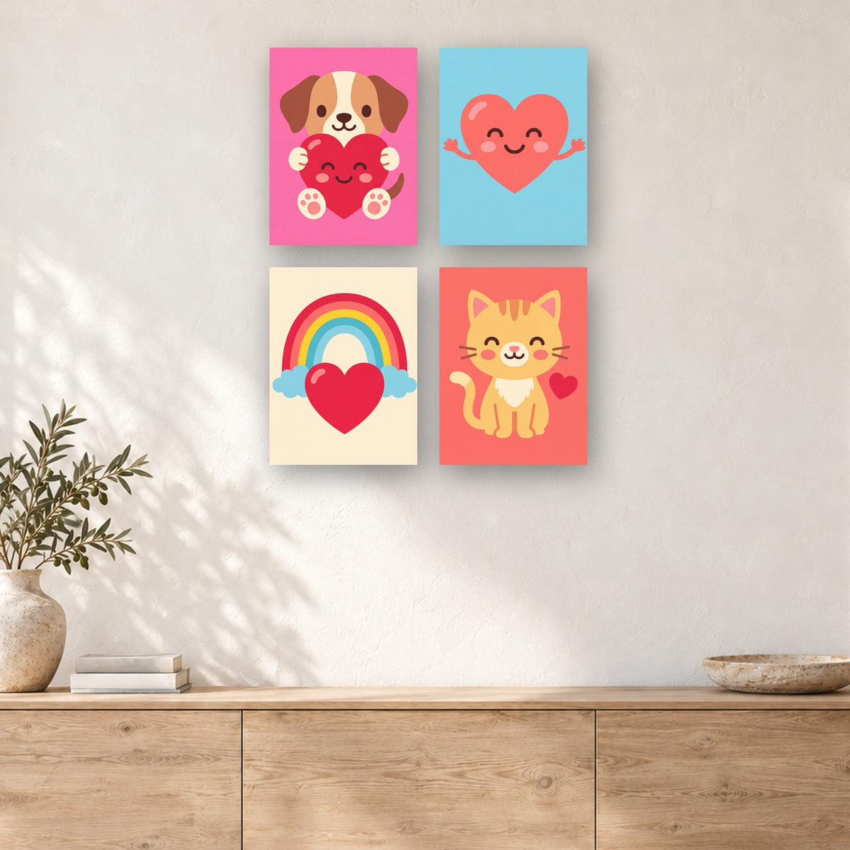 Coffret de 4 peintures par numéro Mots Doux des Animaux, mini-toiles présentées au mur, Maison Artsen