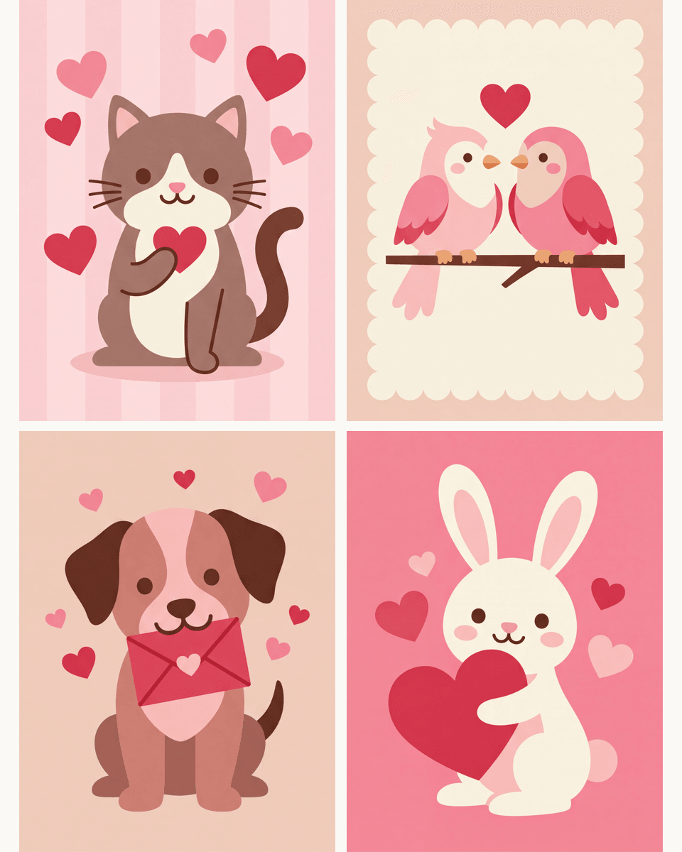 Coffret de 4 peintures par numéro Mots Doux des Animaux, les mini-toiles à plat, Maison Artsen