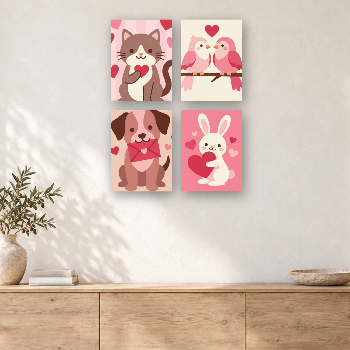 Coffret de 4 peintures par numéro Cœurs et Sourires, mini-toiles présentées au mur, Maison Artsen