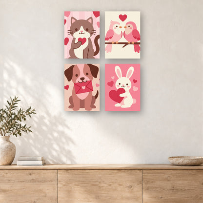 Coffret de 4 peintures par numéro Cœurs et Sourires, mini-toiles présentées au mur, Maison Artsen
