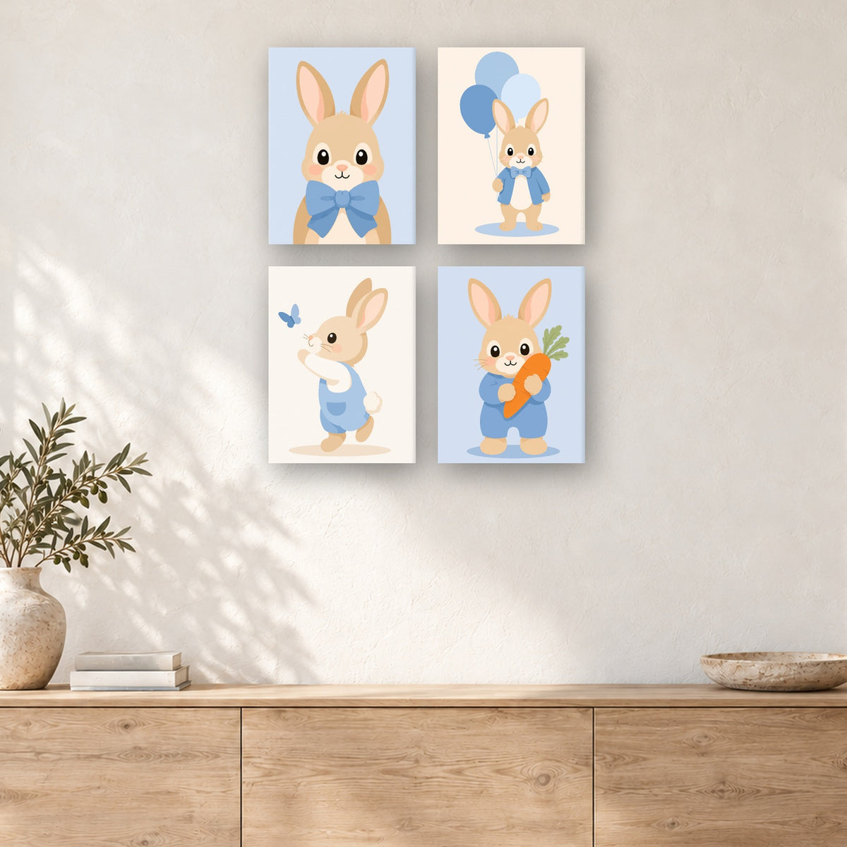 Coffret de 4 peintures par numéro Petits Lapins Tout Doux, mini-toiles présentées au mur, Maison Artsen