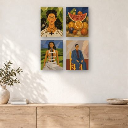 Coffret de 4 peintures par numéro Portraits et Fruits du Mexique, mini-toiles présentées au mur, Maison Artsen