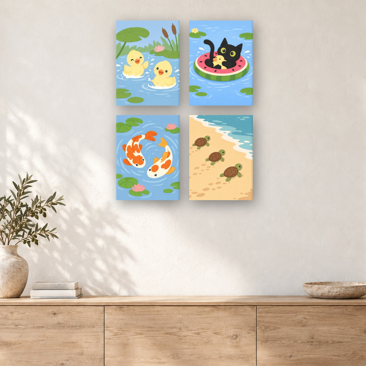 Coffret de 4 peintures par numéro Petites Bêtes de l'Eau, mini-toiles présentées au mur, Maison Artsen