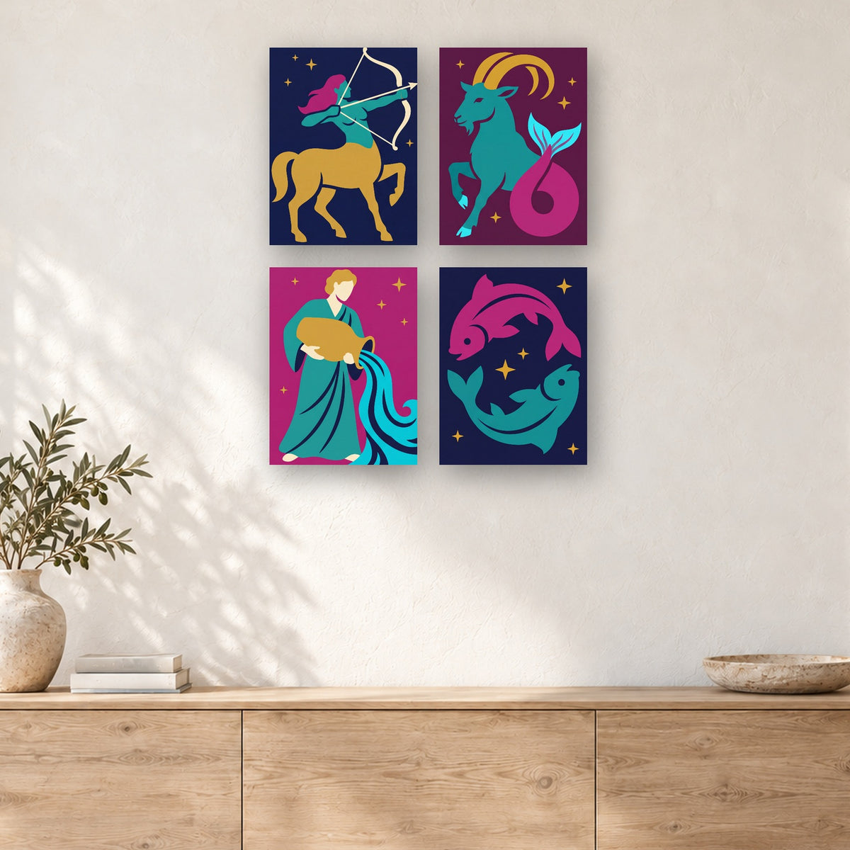 Coffret de 4 peintures par numéro Signes Astro de l'Hiver, mini-toiles présentées au mur, Maison Artsen