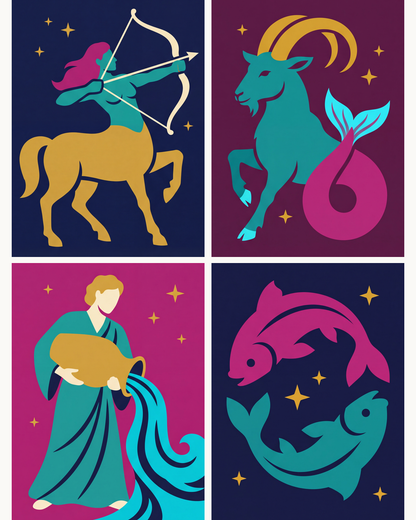 Coffret de 4 peintures par numéro Signes Astro de l'Hiver, les mini-toiles à plat, Maison Artsen