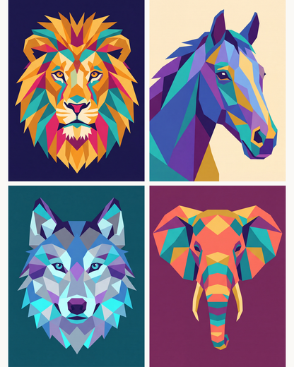 Coffret de 4 peintures par numéro Animaux à Facettes, les mini-toiles à plat, Maison Artsen