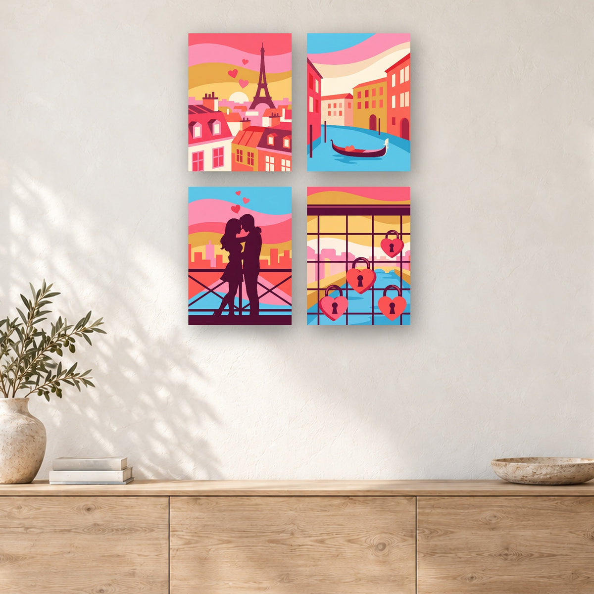 Coffret de 4 peintures par numéro Escapade Amoureuse, mini-toiles présentées au mur, Maison Artsen