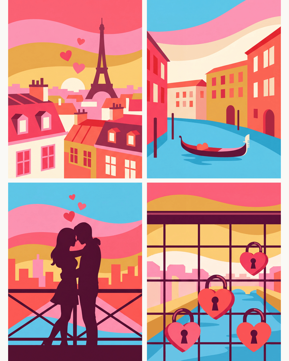 Coffret de 4 peintures par numéro Escapade Amoureuse, les mini-toiles à plat, Maison Artsen