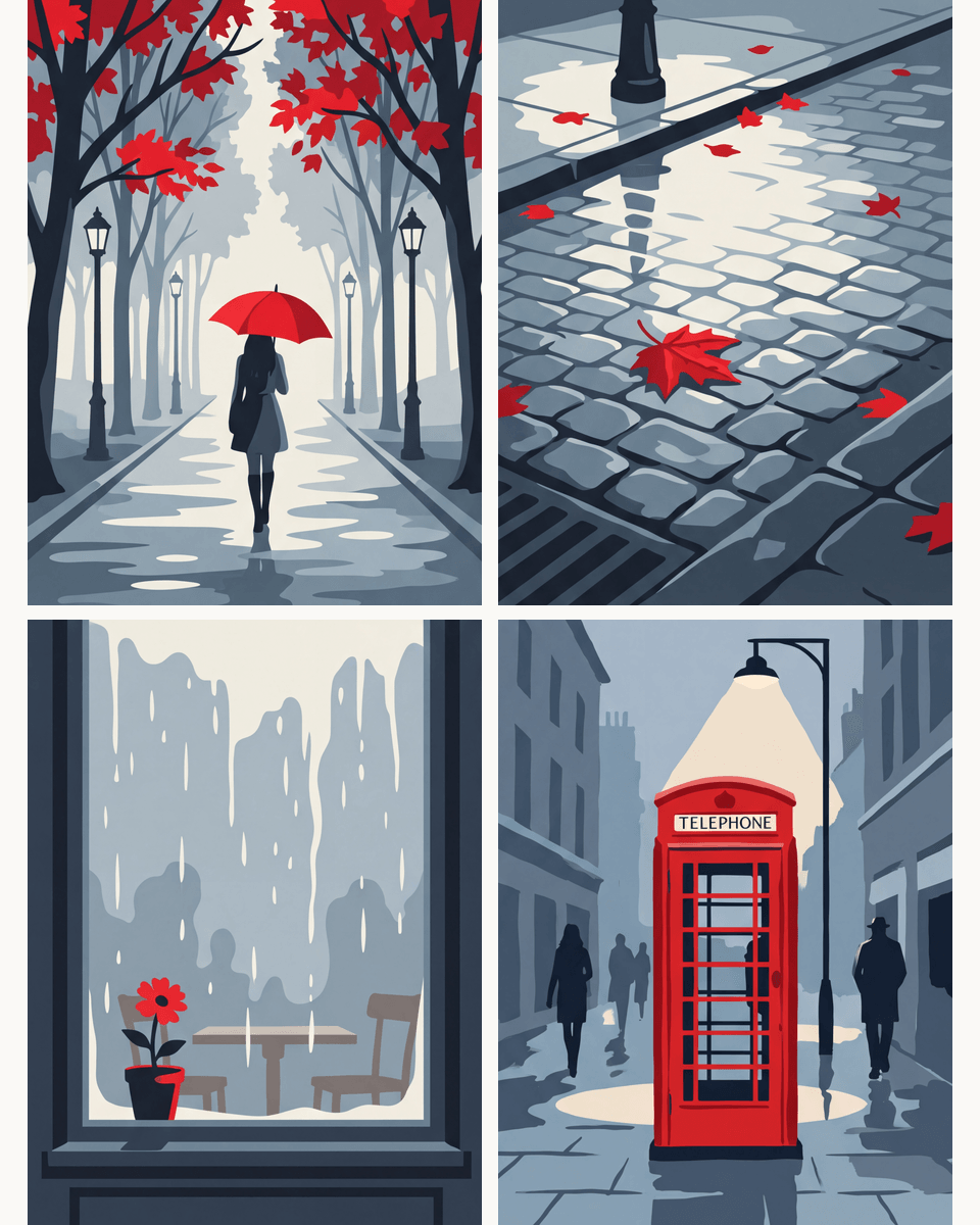 Coffret de 4 peintures par numéro Parapluie Rouge sous la Pluie, les mini-toiles à plat, Maison Artsen
