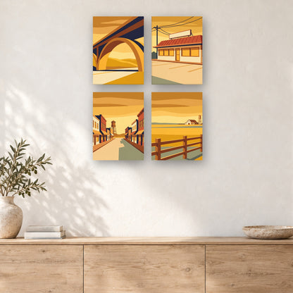Coffret de 4 peintures par numéro Petite Ville Américaine, mini-toiles présentées au mur, Maison Artsen