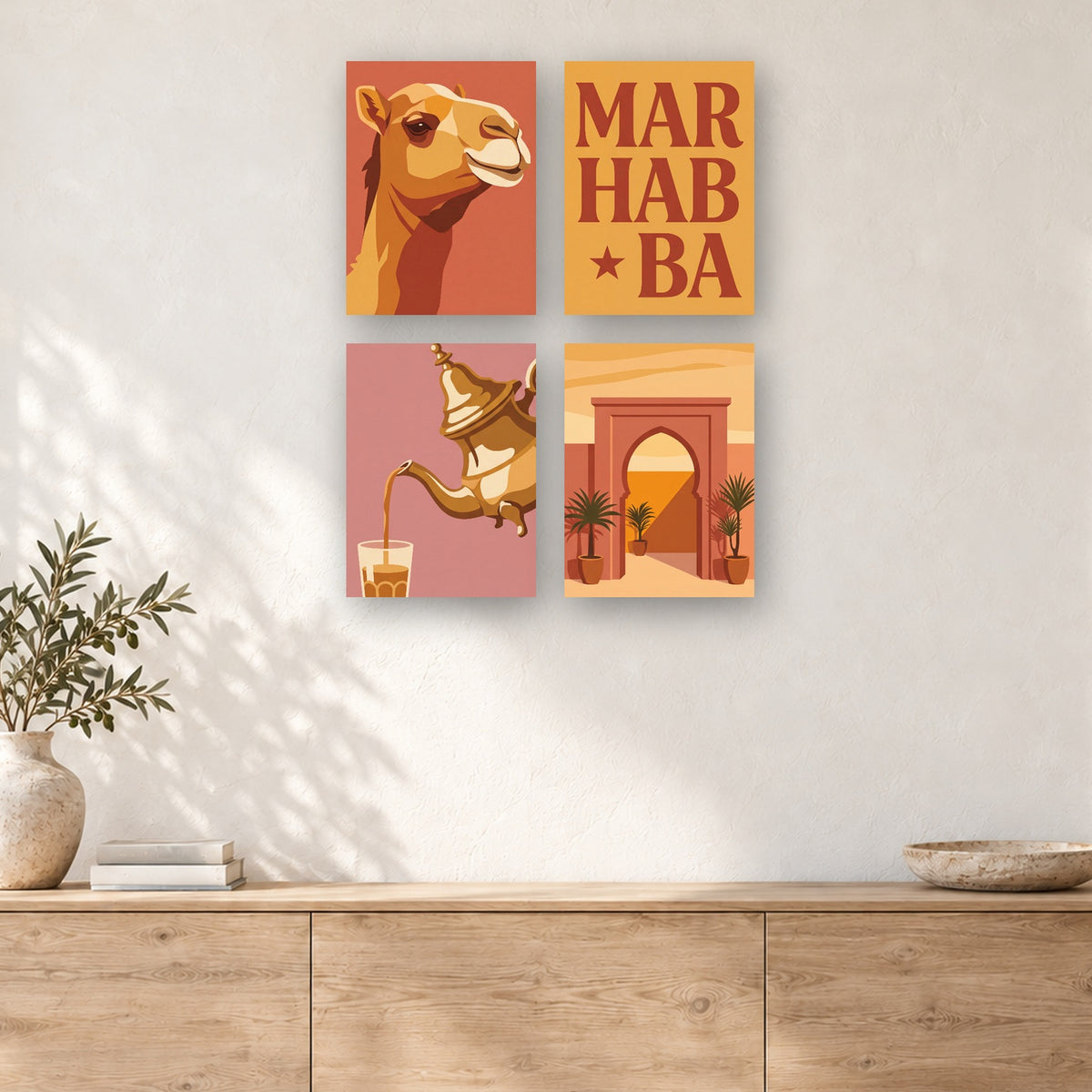 Coffret de 4 peintures par numéro Douceur de Marrakech, mini-toiles présentées au mur, Maison Artsen