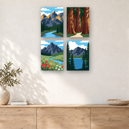 Coffret de 4 peintures par numéro Sommets, Pins et Prairies, mini-toiles présentées au mur, Maison Artsen