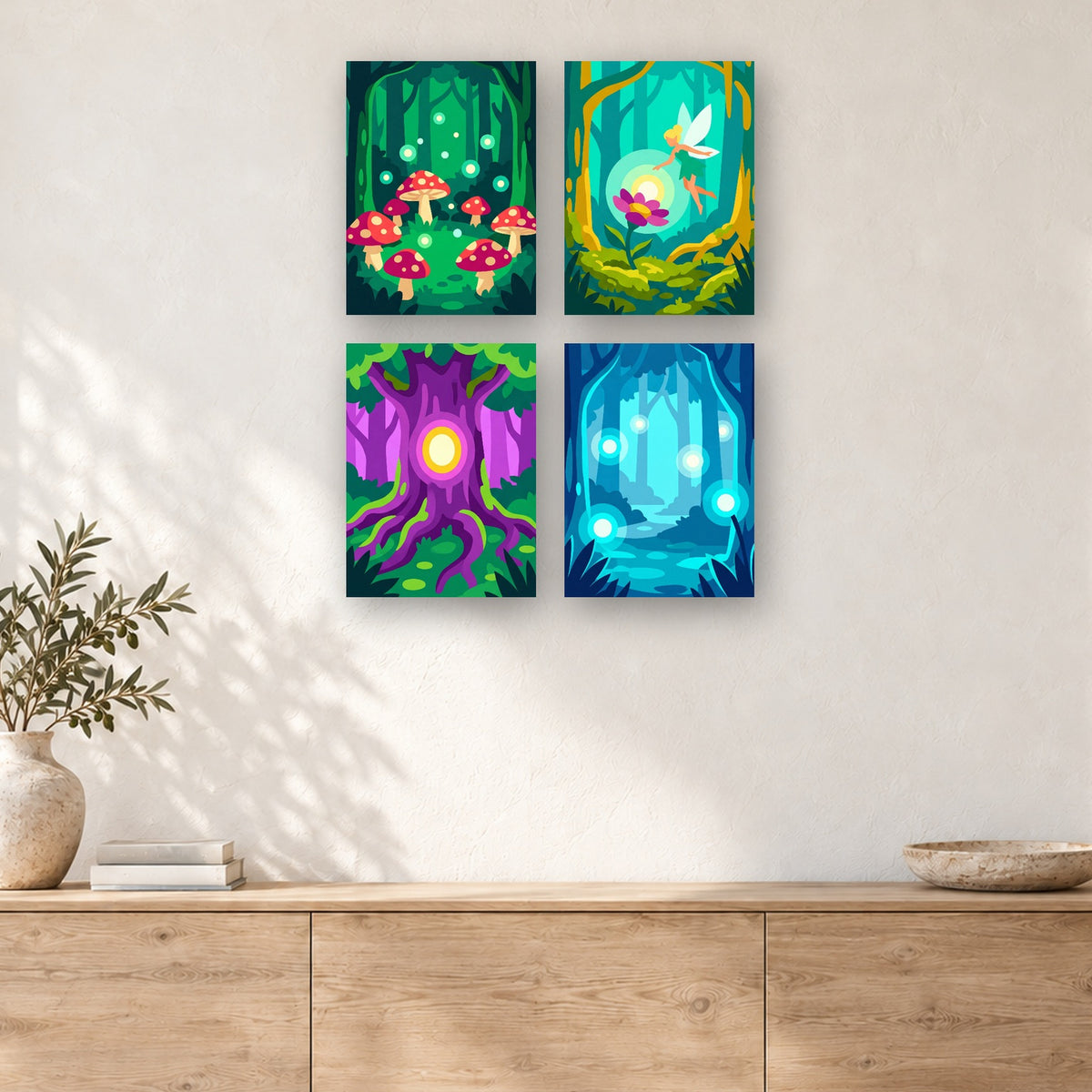 Coffret de 4 peintures par numéro Bois des Fées, mini-toiles présentées au mur, Maison Artsen