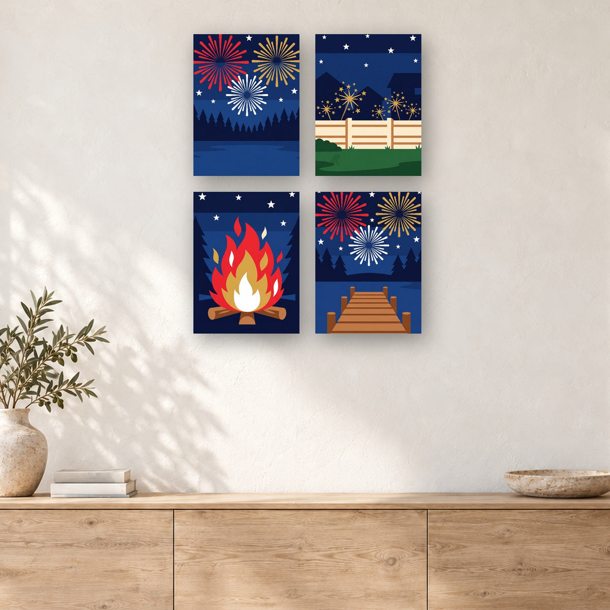 Coffret de 4 peintures par numéro Feux d'Artifice au Lac, mini-toiles présentées au mur, Maison Artsen