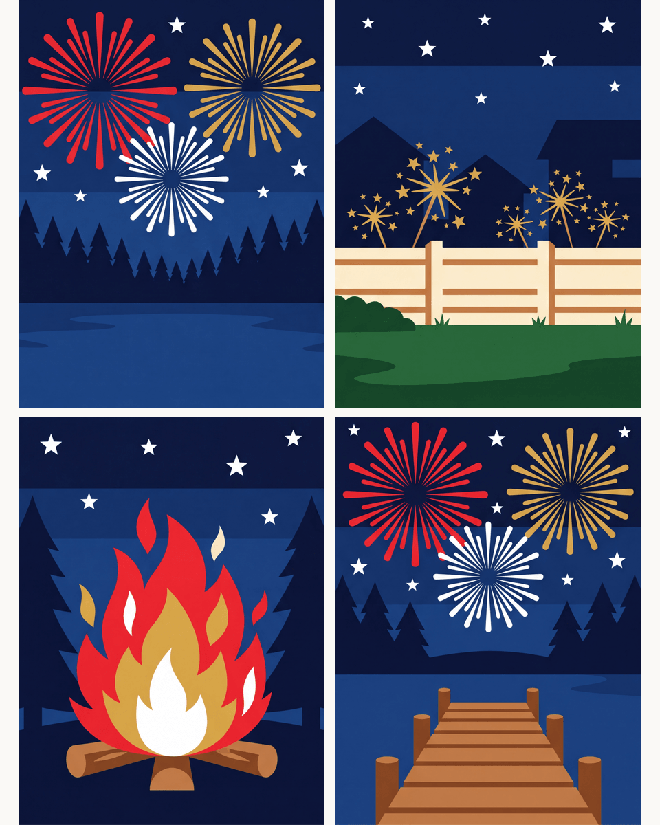 Coffret de 4 peintures par numéro Feux d'Artifice au Lac, les mini-toiles à plat, Maison Artsen