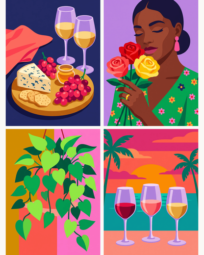 Coffret de 4 peintures par numéro Vin, Roses et Couchant, les mini-toiles à plat, Maison Artsen