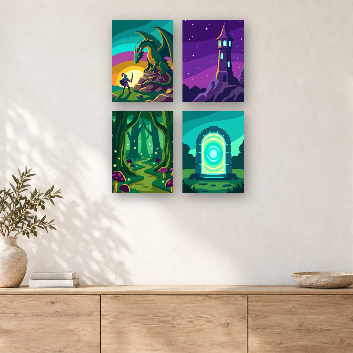 Coffret de 4 peintures par numéro Chevaliers et Dragons, mini-toiles présentées au mur, Maison Artsen