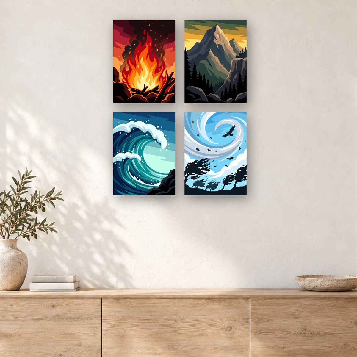 Coffret de 4 peintures par numéro Feu, Terre, Eau et Air, mini-toiles présentées au mur, Maison Artsen