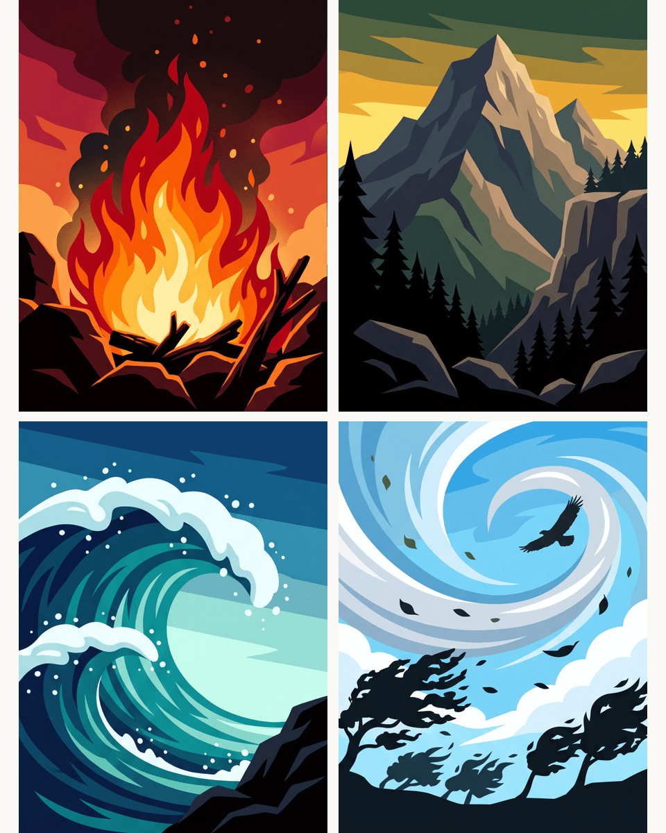 Coffret de 4 peintures par numéro Feu, Terre, Eau et Air, les mini-toiles à plat, Maison Artsen