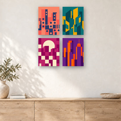 Coffret de 4 peintures par numéro Gratte-ciel en Aplats, mini-toiles présentées au mur, Maison Artsen