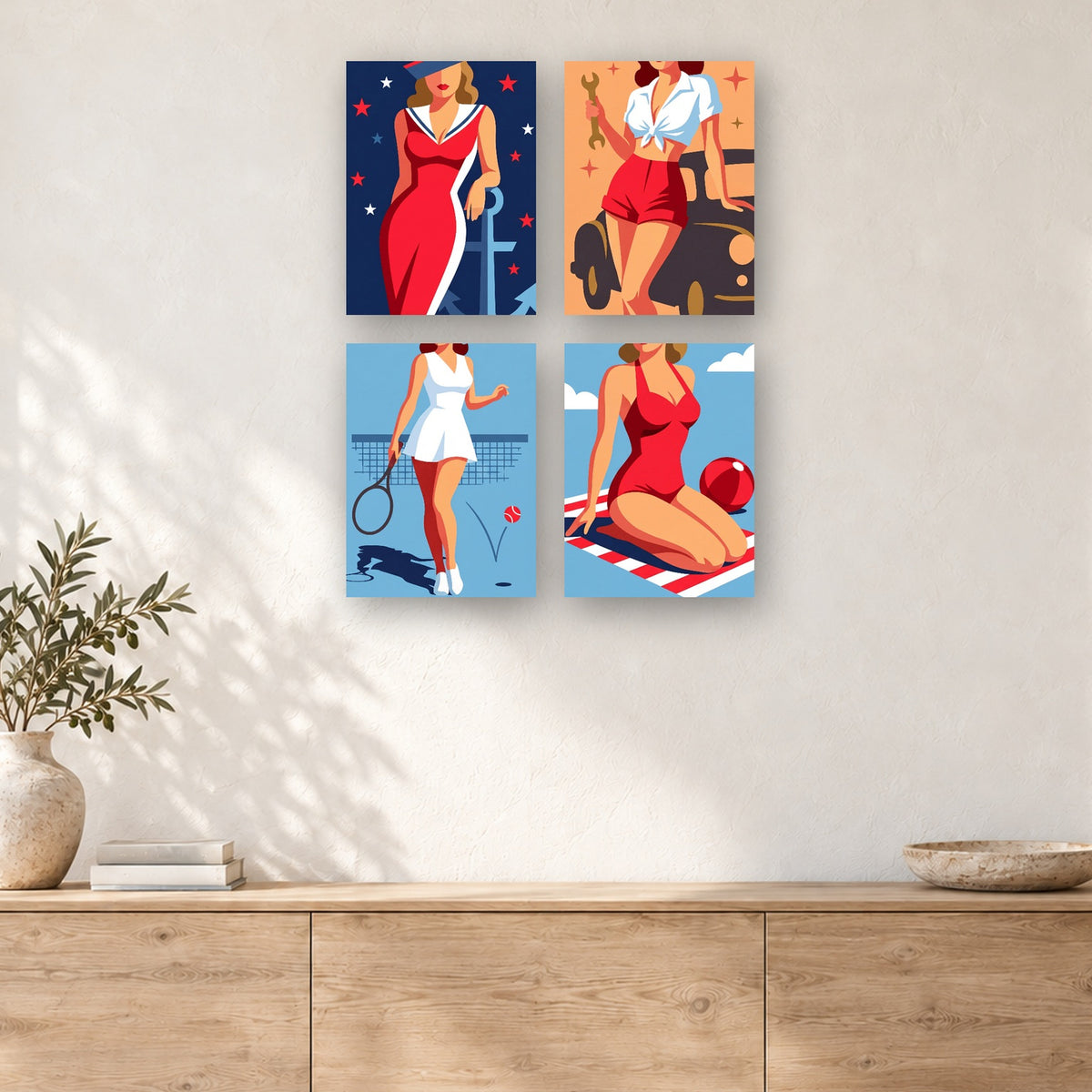 Coffret de 4 peintures par numéro Pin-up d'Été, mini-toiles présentées au mur, Maison Artsen