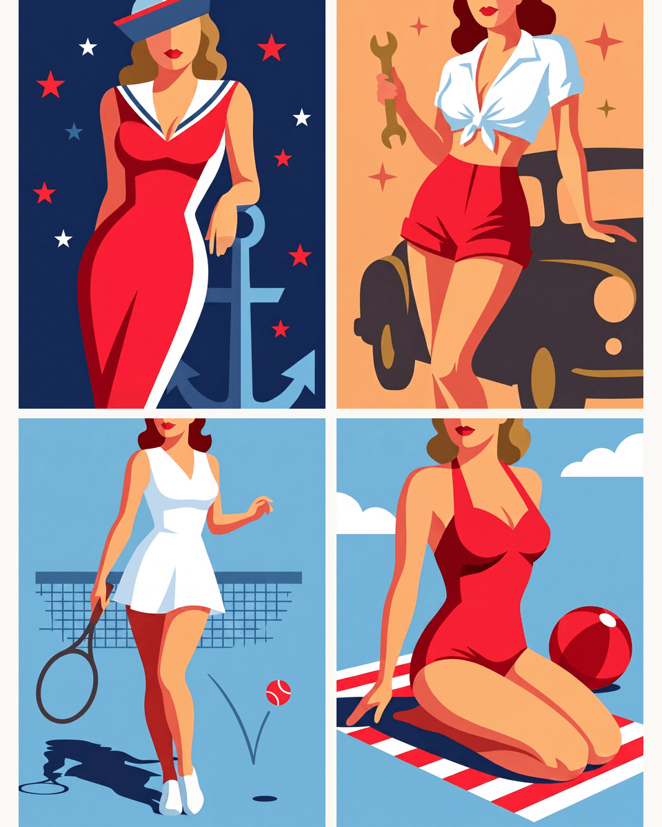 Coffret de 4 peintures par numéro Pin-up d'Été, les mini-toiles à plat, Maison Artsen