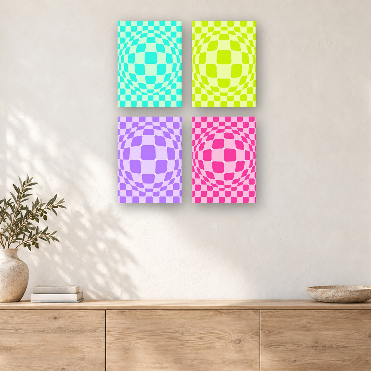 Coffret de 4 peintures par numéro Damiers en Relief, mini-toiles présentées au mur, Maison Artsen