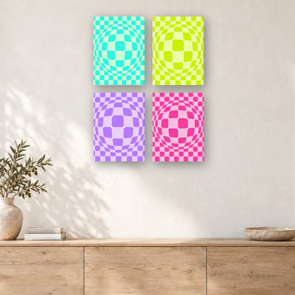 Coffret de 4 peintures par numéro Damiers en Relief, mini-toiles présentées au mur, Maison Artsen