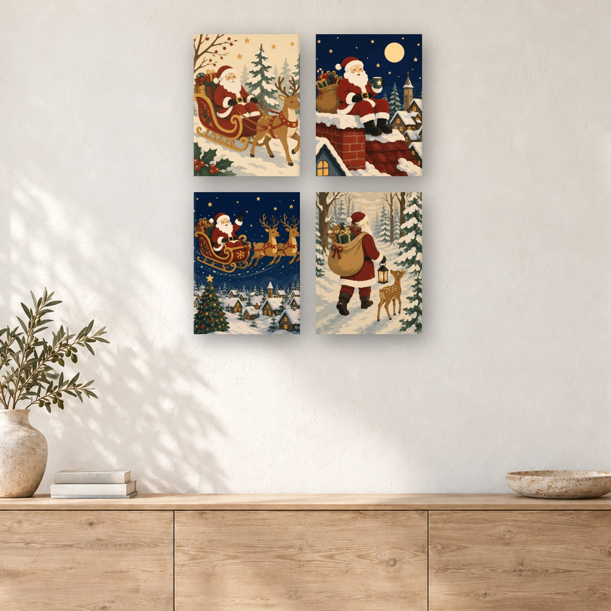 Coffret de 4 peintures par numéro Tournée Nocturne du Père Noël, mini-toiles présentées au mur, Maison Artsen